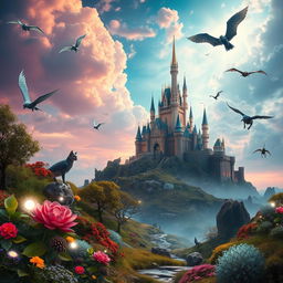 A stunning and imaginative blend of various elements from multiple images, featuring a vibrant landscape with surreal colors, a majestic castle in the background, and an ethereal sky filled with fantastical creatures