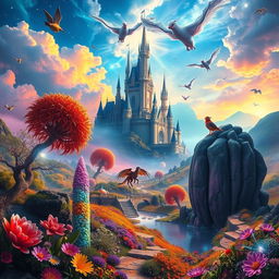 A stunning and imaginative blend of various elements from multiple images, featuring a vibrant landscape with surreal colors, a majestic castle in the background, and an ethereal sky filled with fantastical creatures