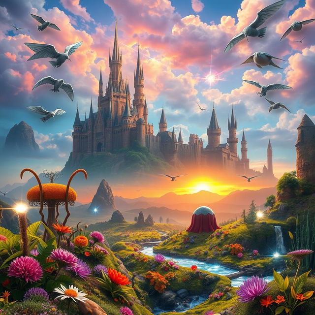 A stunning and imaginative blend of various elements from multiple images, featuring a vibrant landscape with surreal colors, a majestic castle in the background, and an ethereal sky filled with fantastical creatures