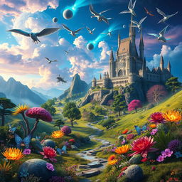 A stunning and imaginative blend of various elements from multiple images, featuring a vibrant landscape with surreal colors, a majestic castle in the background, and an ethereal sky filled with fantastical creatures