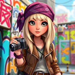 A Disney-style character featuring a girl with breast-length straight blond hair and captivating gray eyes