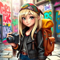 A Disney-style character featuring a girl with breast-length straight blond hair and captivating gray eyes