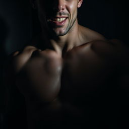 A close-up of a muscular man in a darkened room, his expression a mix of pleasure and intensity as he engages in private moments of self-discovery, showcasing the contours of his body and dramatic lighting that highlights his physique