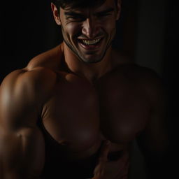 A close-up of a muscular man in a darkened room, his expression a mix of pleasure and intensity as he engages in private moments of self-discovery, showcasing the contours of his body and dramatic lighting that highlights his physique