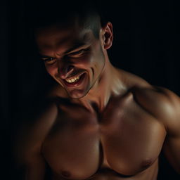 A close-up of a muscular man in a darkened room, his expression a mix of pleasure and intensity as he engages in private moments of self-discovery, showcasing the contours of his body and dramatic lighting that highlights his physique
