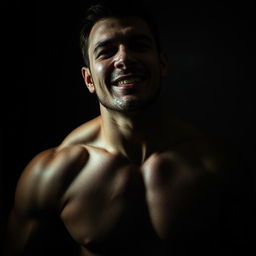 A close-up of a muscular man in a darkened room, his expression a mix of pleasure and intensity as he engages in private moments of self-discovery, showcasing the contours of his body and dramatic lighting that highlights his physique