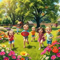 A vibrant and lively scene depicting children playing joyfully in a beautiful garden