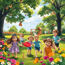 A vibrant and lively scene depicting children playing joyfully in a beautiful garden