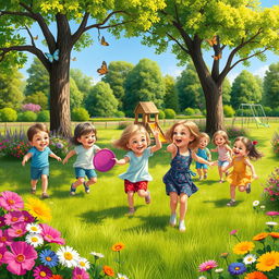 A vibrant and lively scene depicting children playing joyfully in a beautiful garden