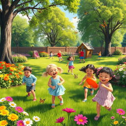 A vibrant and lively scene depicting children playing joyfully in a beautiful garden