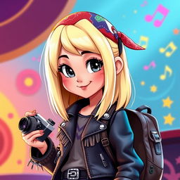 A Disney-style character of a girl with breast-length straight blond hair without fringe and captivating gray eyes
