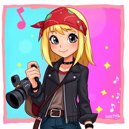 A Disney-style character of a girl with breast-length straight blond hair without fringe and captivating gray eyes