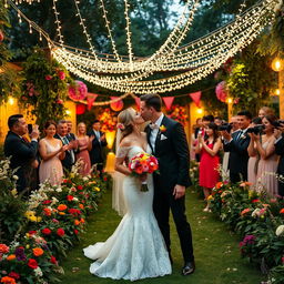A beautifully decorated wedding scene set in an enchanting garden
