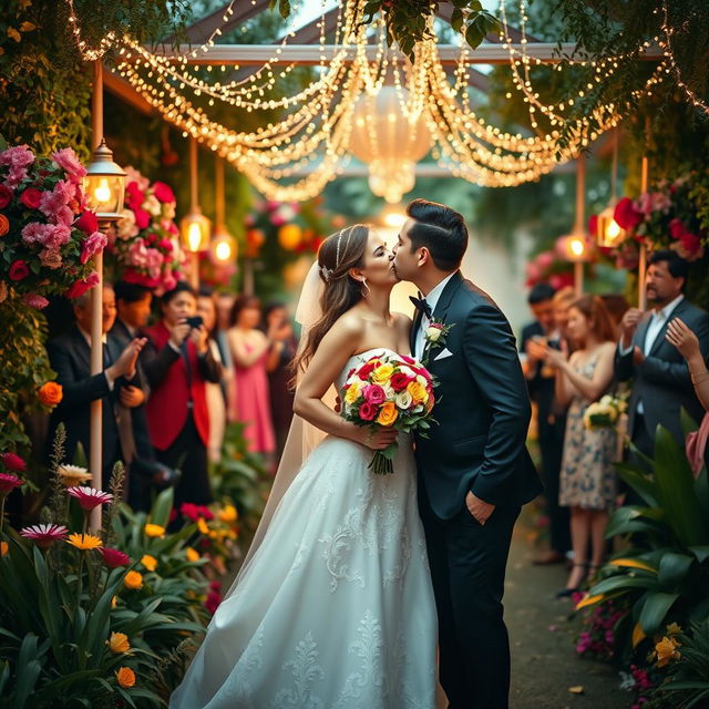 A beautifully decorated wedding scene set in an enchanting garden