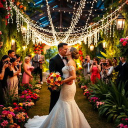 A beautifully decorated wedding scene set in an enchanting garden