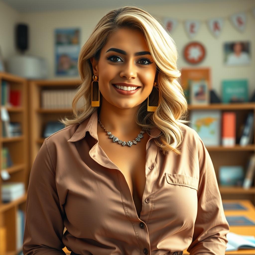 A vibrant scene featuring a busty Latina woman with blonde hair, characterized by her petite frame, small waist, and wide hips