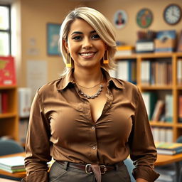 A vibrant scene featuring a busty Latina woman with blonde hair, characterized by her petite frame, small waist, and wide hips