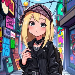 A Disney-style character featuring a girl with breast-length straight blond hair with a side fringe and captivating gray eyes