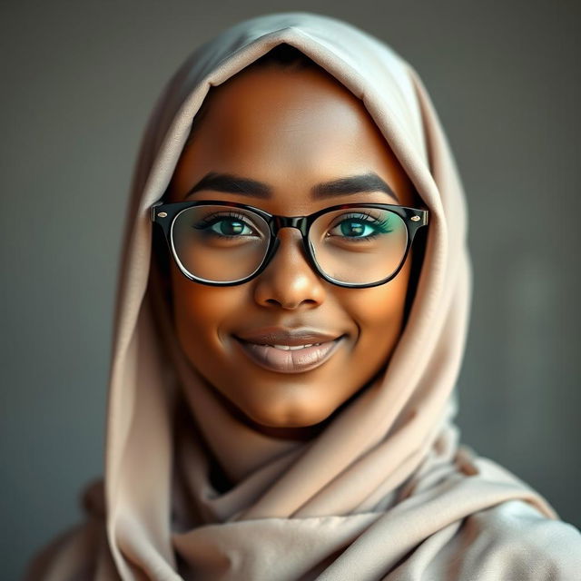 A portrait of a female model with a full face view, wearing stylish glasses and a beautifully draped hijab