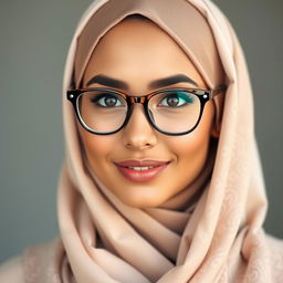 A portrait of a female model with a full face view, wearing stylish glasses and a beautifully draped hijab