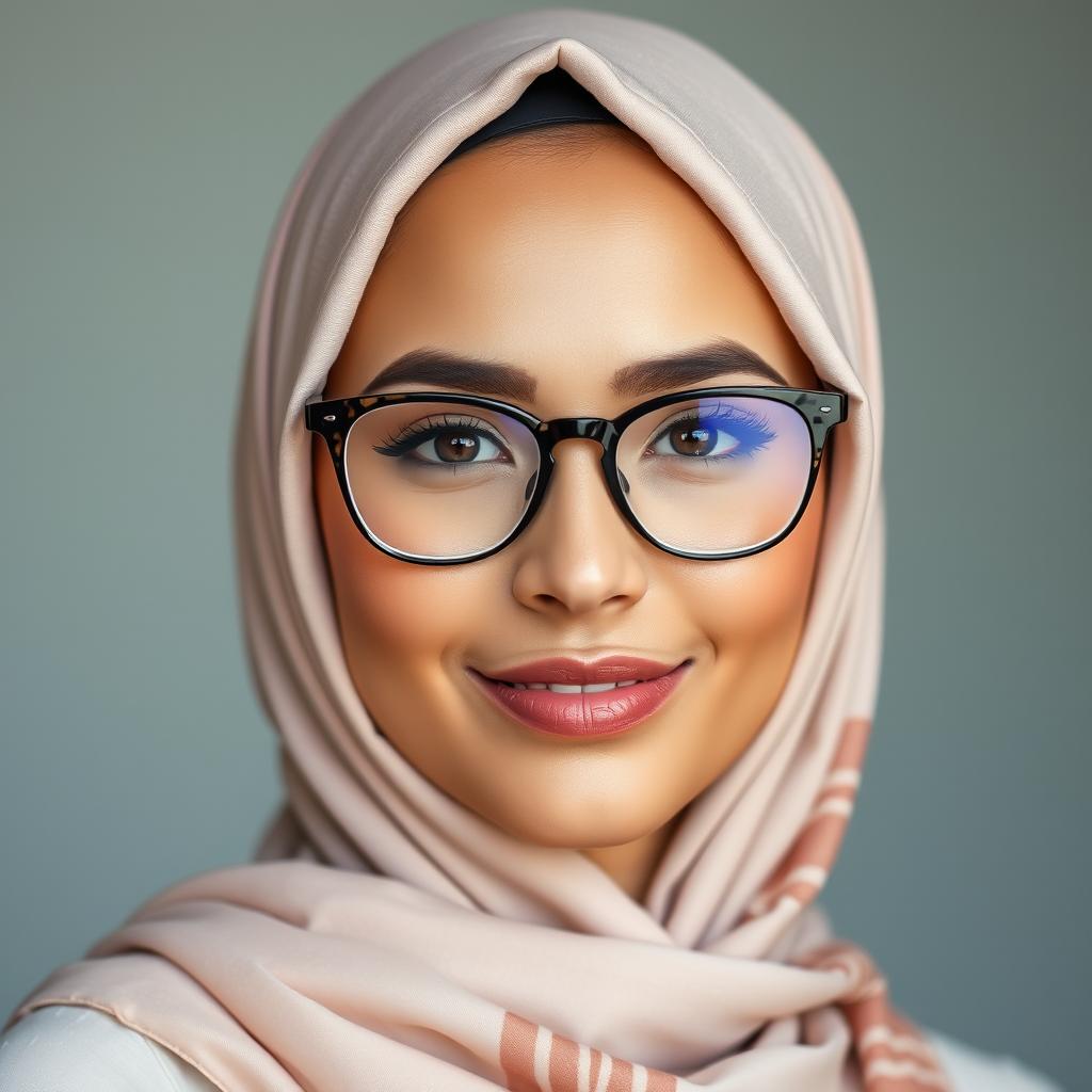 A portrait of a female model with a full face view, wearing stylish glasses and a beautifully draped hijab