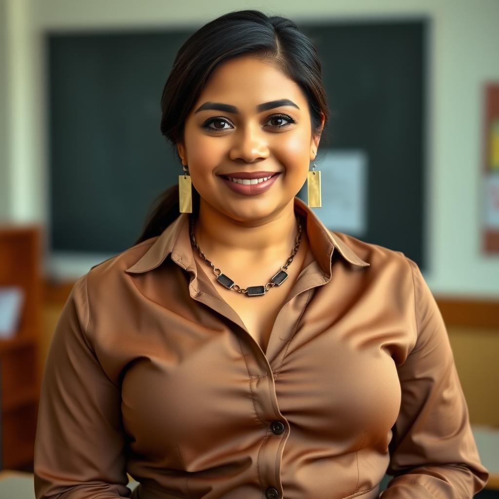 A busty Latina woman with a petite frame, featuring a small waist and wide hips, wearing a brown dress shirt that accentuates her cleavage