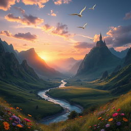 A stunning fantasy landscape that combines elements from the provided image: towering mountains with lush green valleys beneath them, a serene river winding through the scenery, vibrant wildflowers scattered across the foreground, and a radiant sunset painting the sky with hues of orange and purple