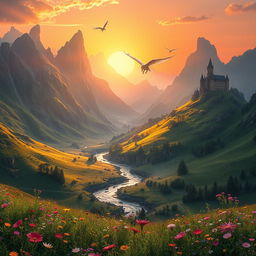 A stunning fantasy landscape that combines elements from the provided image: towering mountains with lush green valleys beneath them, a serene river winding through the scenery, vibrant wildflowers scattered across the foreground, and a radiant sunset painting the sky with hues of orange and purple