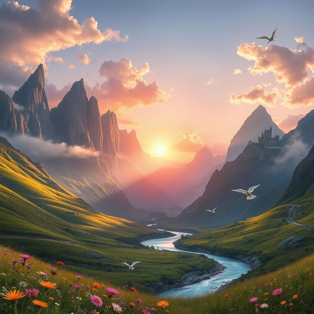 A stunning fantasy landscape that combines elements from the provided image: towering mountains with lush green valleys beneath them, a serene river winding through the scenery, vibrant wildflowers scattered across the foreground, and a radiant sunset painting the sky with hues of orange and purple