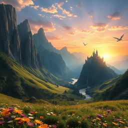 A stunning fantasy landscape that combines elements from the provided image: towering mountains with lush green valleys beneath them, a serene river winding through the scenery, vibrant wildflowers scattered across the foreground, and a radiant sunset painting the sky with hues of orange and purple