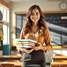 A busty female teacher standing in a classroom, wearing a stylish blouse and pencil skirt, smiling and holding a stack of colorful books