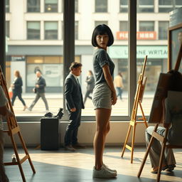 A photorealistic scene in an artist's gallery featuring a 20-year-old Asian woman with a bobcut hairstyle and bangs