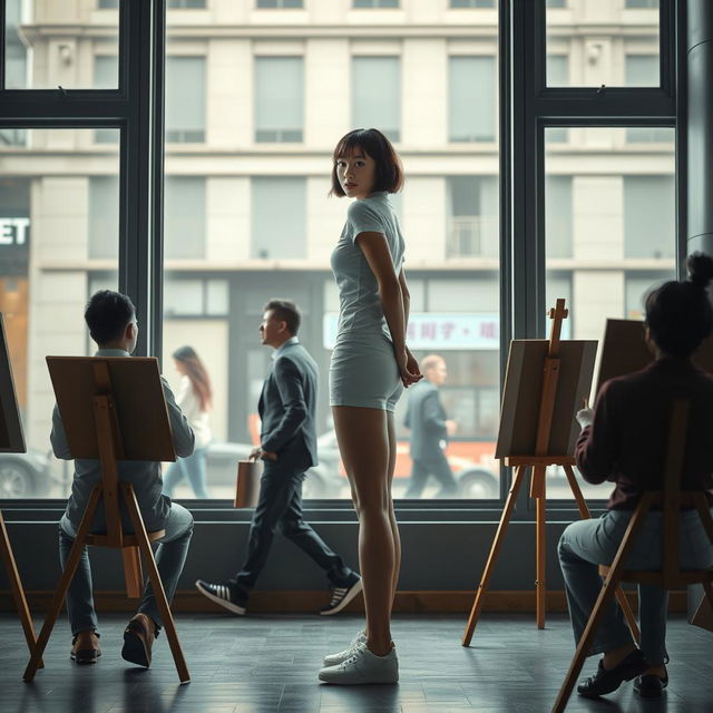 A photorealistic scene in an artist's gallery featuring a 20-year-old Asian woman with a bobcut hairstyle and bangs