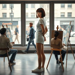A photorealistic scene in an artist's gallery featuring a 20-year-old Asian woman with a bobcut hairstyle and bangs