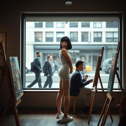 A photorealistic scene in an artist's gallery featuring a 20-year-old Asian woman with a bobcut hairstyle and bangs