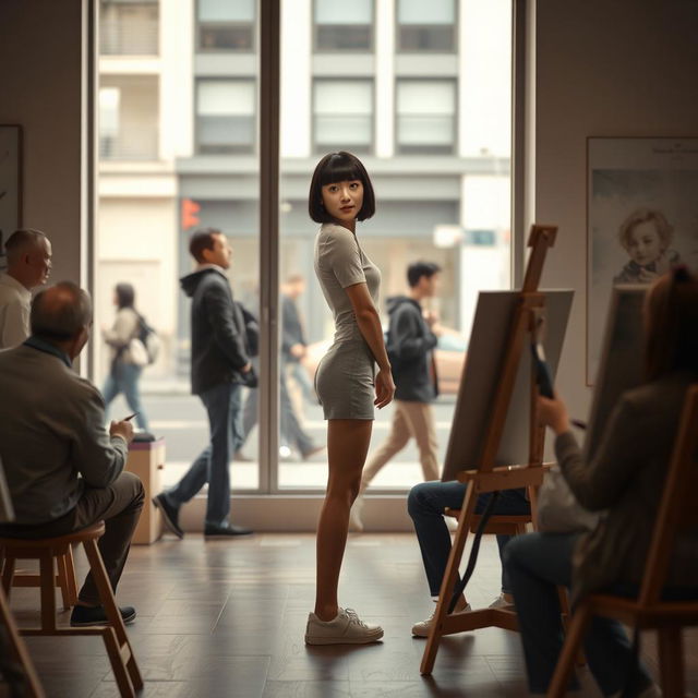 A photorealistic scene in an artist's gallery featuring a 20-year-old Asian woman with a bobcut hairstyle and bangs