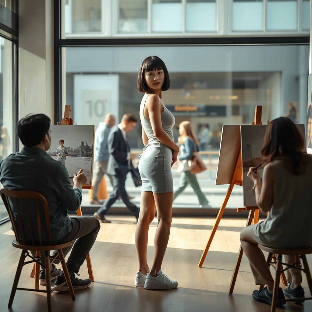 A photorealistic scene in an artist's gallery featuring a 20-year-old Asian woman with a bobcut hairstyle and bangs