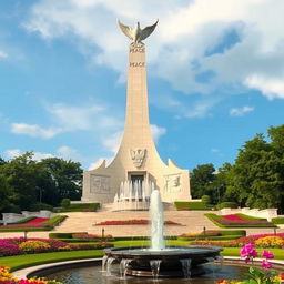 A grand monument symbolizing victory and peace, featuring a towering sculpture of a dove in flight, surrounded by lush green gardens and vibrant flowers