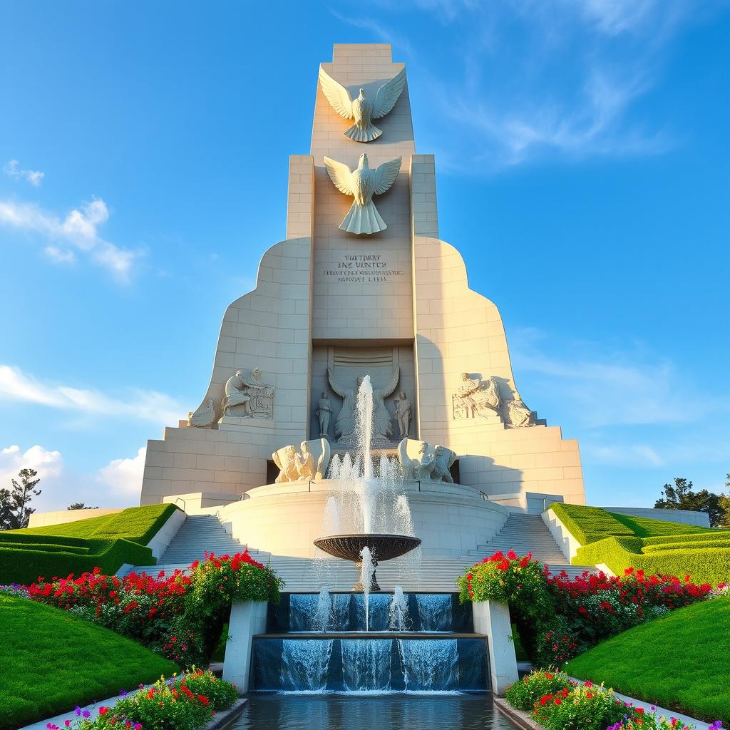 A grand monument symbolizing victory and peace, featuring a towering sculpture of a dove in flight, surrounded by lush green gardens and vibrant flowers