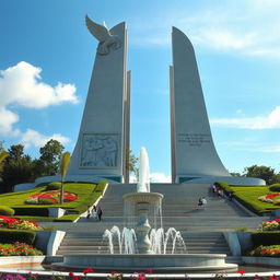 A grand monument symbolizing victory and peace, featuring a towering sculpture of a dove in flight, surrounded by lush green gardens and vibrant flowers