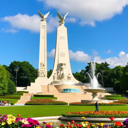 A grand monument symbolizing victory and peace, featuring a towering sculpture of a dove in flight, surrounded by lush green gardens and vibrant flowers