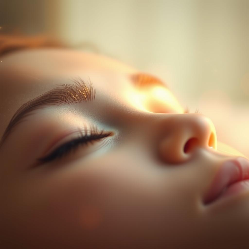 A dreamy and tranquil scene depicting a pair of closed eyes, with long lashes resting gently against the skin, radiating serenity