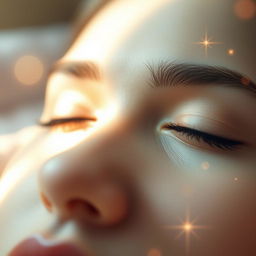 A dreamy and tranquil scene depicting a pair of closed eyes, with long lashes resting gently against the skin, radiating serenity