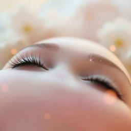 A dreamy and tranquil scene depicting a pair of closed eyes, with long lashes resting gently against the skin, radiating serenity