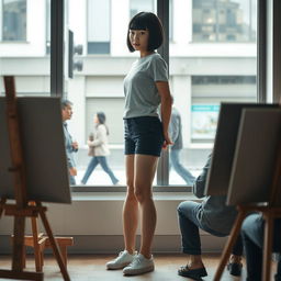 A photorealistic scene in an artist's gallery featuring a 20-year-old Asian woman with a bobcut hairstyle and bangs, showcasing her slender figure