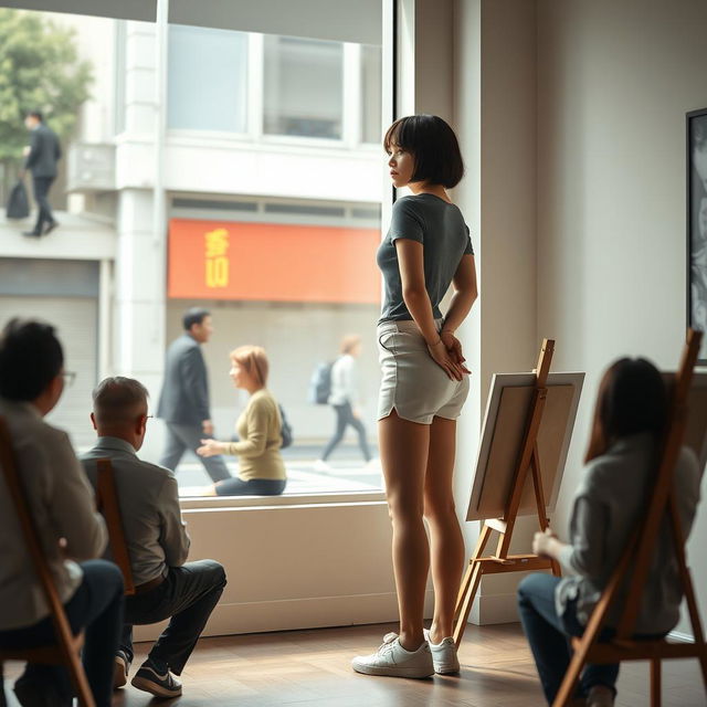 A photorealistic scene in an artist's gallery featuring a 20-year-old Asian woman with a bobcut hairstyle and bangs, showcasing her slender figure