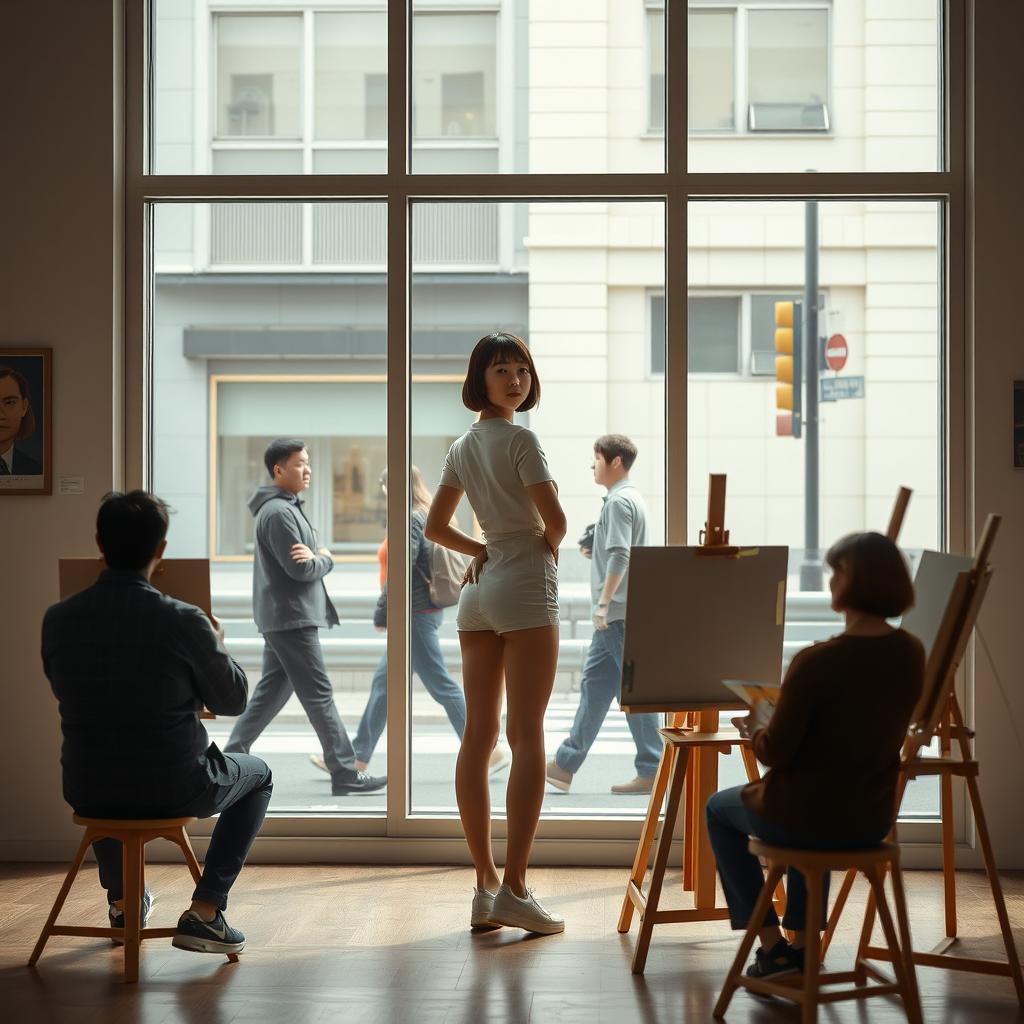 A photorealistic scene in an artist's gallery featuring a 20-year-old Asian woman with a bobcut hairstyle and bangs, showcasing her slender figure