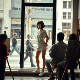 A photorealistic scene in an artist's gallery featuring a 20-year-old Asian woman with a bobcut hairstyle and bangs