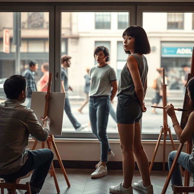 A photorealistic scene in an artist's gallery featuring a 20-year-old Asian woman with a bobcut hairstyle and bangs