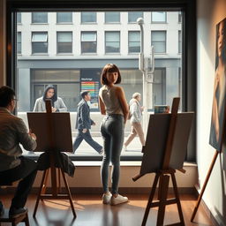 A photorealistic scene in an artist's gallery featuring a 20-year-old Asian woman with a bobcut hairstyle and bangs